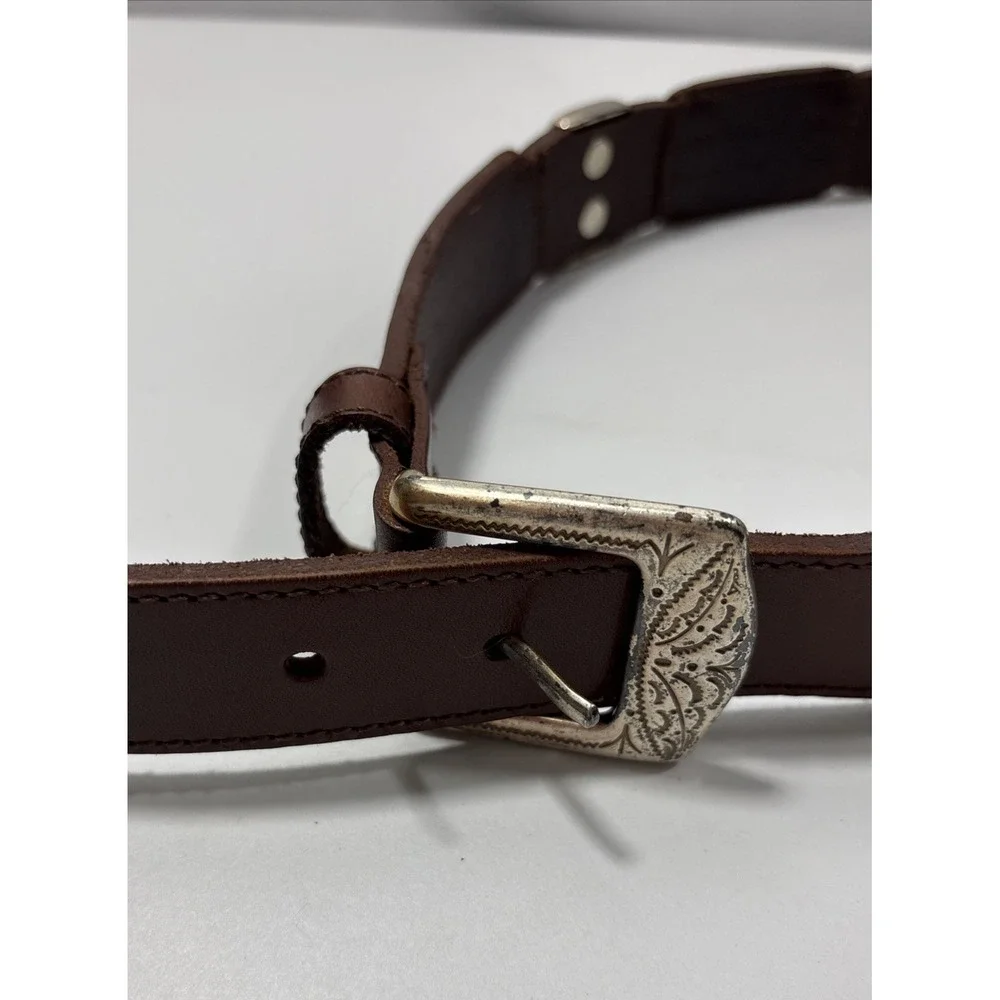 Fossil Vintage Brown Leather Western Concho Link Belt Silver Engraved Plates S